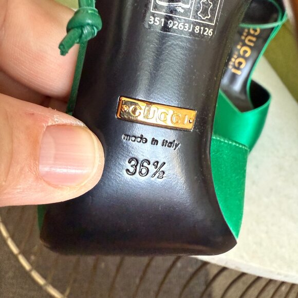 GUCCI 752966 Priscilla Emerald Green Satin Strap Gold Stiletto Heel 36+, US 6.5 - Picture 8 of 16